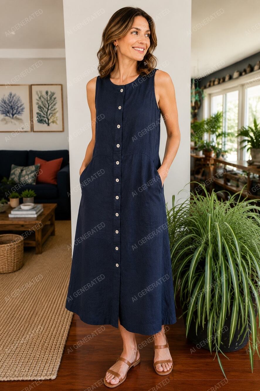 OGL Sleeveless Linen Blend Midi Dress NWT Me Minimalist NO BELT quiet Luxury